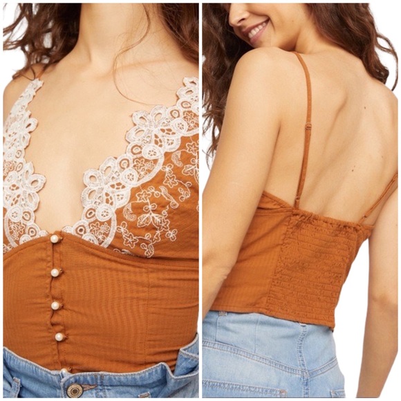 Free People Lace Button Up Smocked Stevie Cami Terracotta Copper L 0122 - Picture 7 of 12